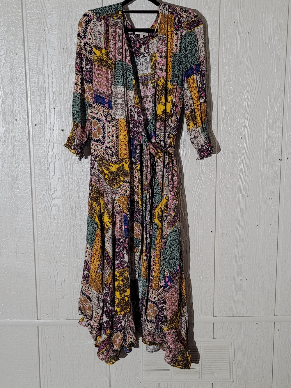 Skies Are Blue Patchwork Wrap Maxi Dress in Yellow, Pink & Green